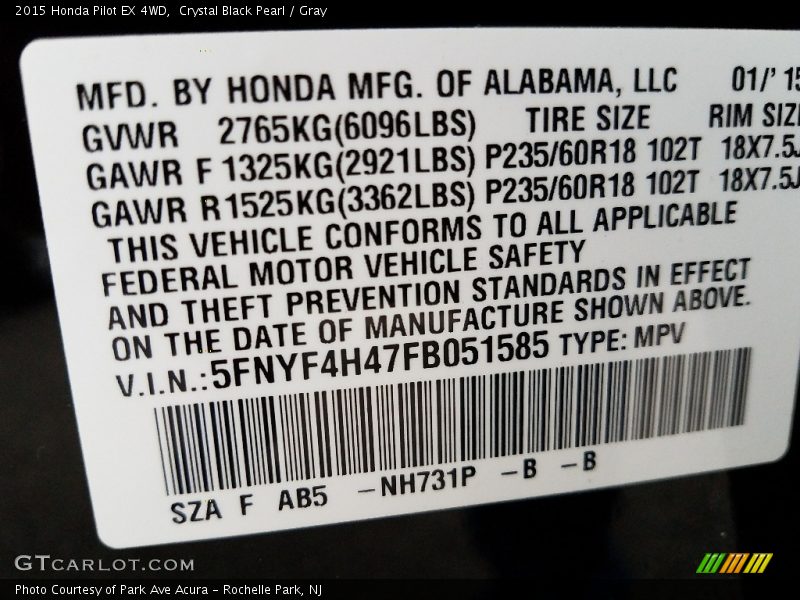 Crystal Black Pearl / Gray 2015 Honda Pilot EX 4WD