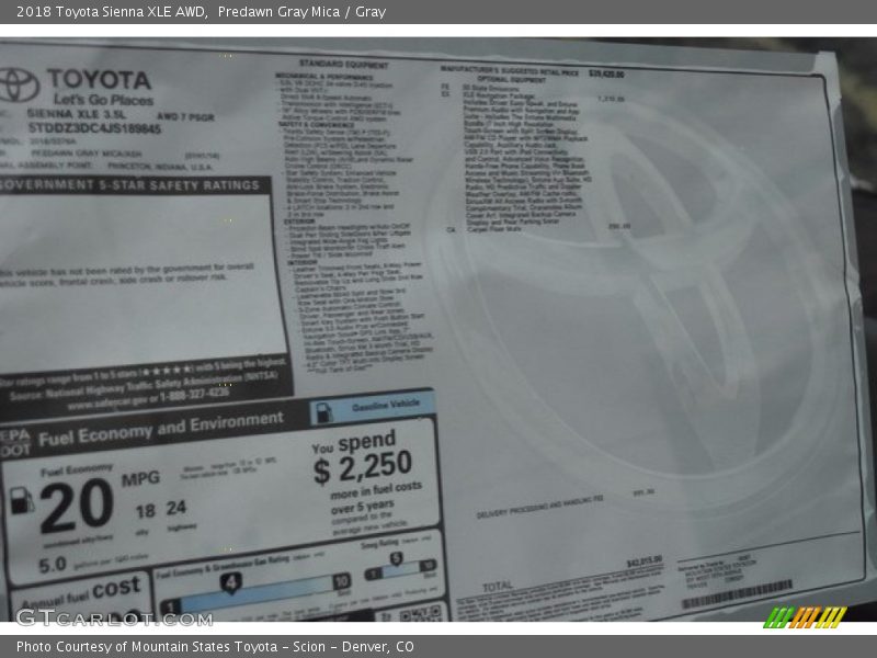 Predawn Gray Mica / Gray 2018 Toyota Sienna XLE AWD