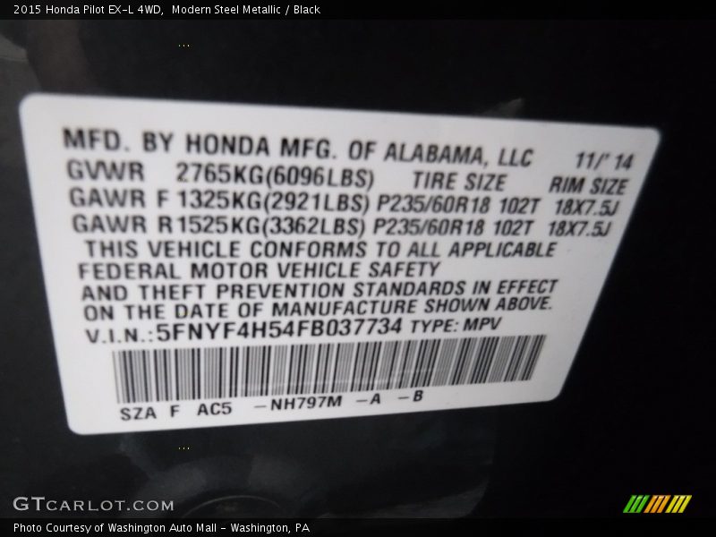 Modern Steel Metallic / Black 2015 Honda Pilot EX-L 4WD