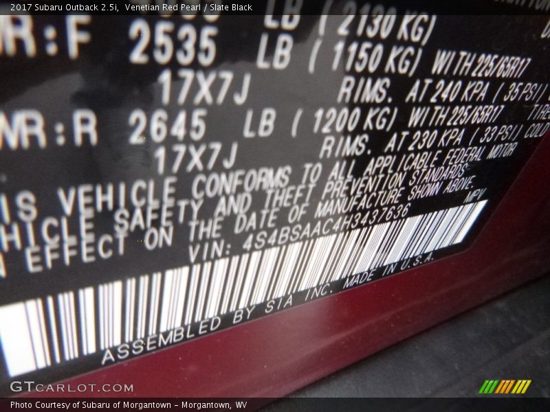 Venetian Red Pearl / Slate Black 2017 Subaru Outback 2.5i