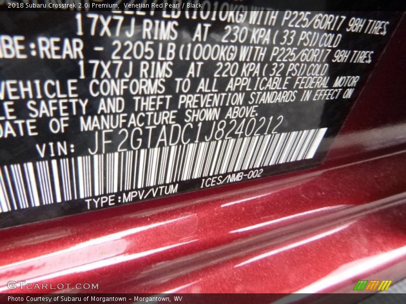 Venetian Red Pearl / Black 2018 Subaru Crosstrek 2.0i Premium