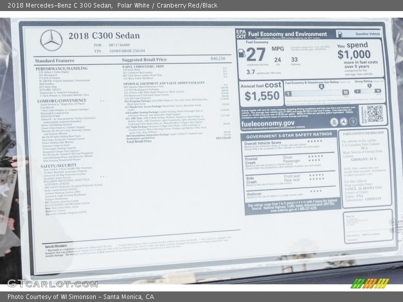Polar White / Cranberry Red/Black 2018 Mercedes-Benz C 300 Sedan