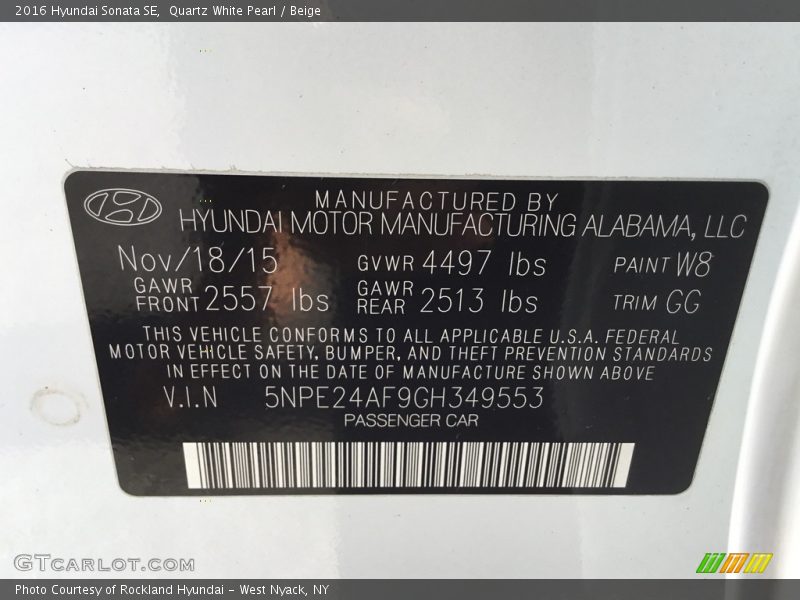 Quartz White Pearl / Beige 2016 Hyundai Sonata SE