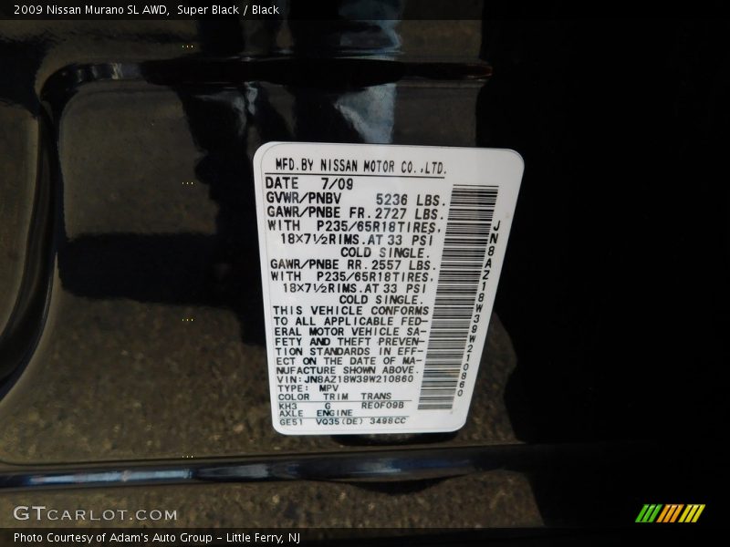 Super Black / Black 2009 Nissan Murano SL AWD