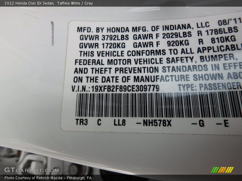 Taffeta White / Gray 2012 Honda Civic EX Sedan
