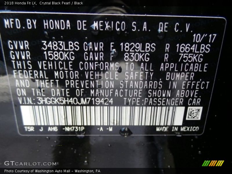 Crystal Black Pearl / Black 2018 Honda Fit LX