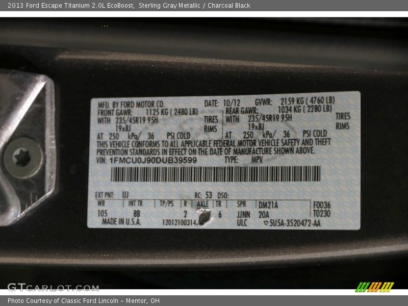 Sterling Gray Metallic / Charcoal Black 2013 Ford Escape Titanium 2.0L EcoBoost