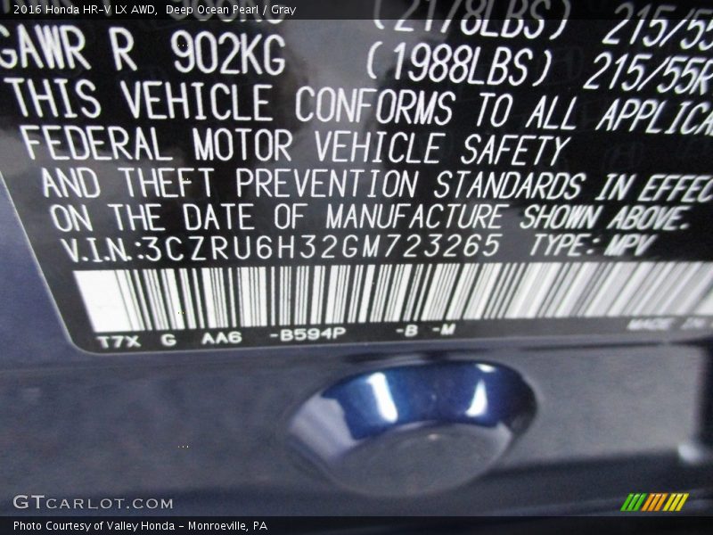 Deep Ocean Pearl / Gray 2016 Honda HR-V LX AWD