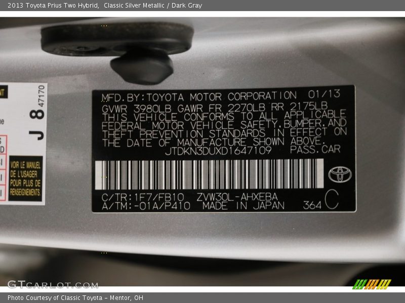 Classic Silver Metallic / Dark Gray 2013 Toyota Prius Two Hybrid