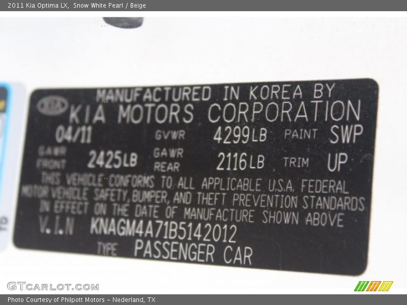 Snow White Pearl / Beige 2011 Kia Optima LX