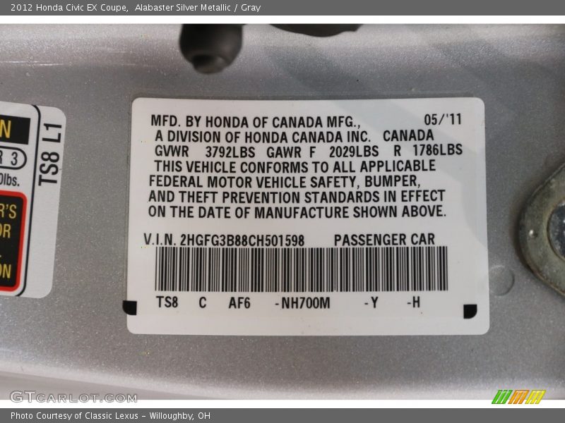 Alabaster Silver Metallic / Gray 2012 Honda Civic EX Coupe