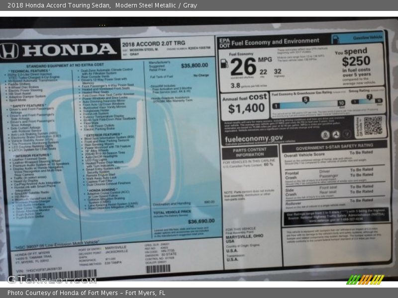 Modern Steel Metallic / Gray 2018 Honda Accord Touring Sedan