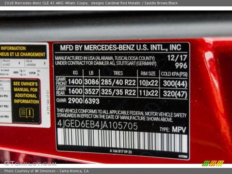 2018 GLE 43 AMG 4Matic Coupe designo Cardinal Red Metallic Color Code 996
