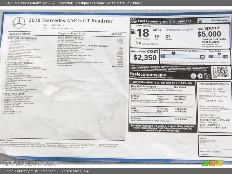  2018 AMG GT Roadster Window Sticker