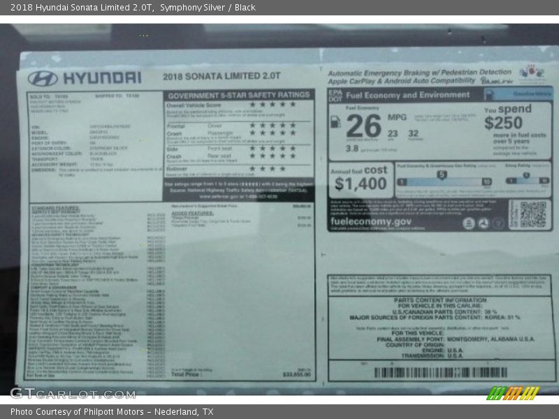 Symphony Silver / Black 2018 Hyundai Sonata Limited 2.0T
