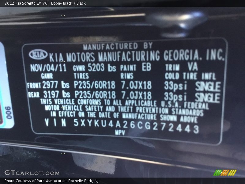 Ebony Black / Black 2012 Kia Sorento EX V6