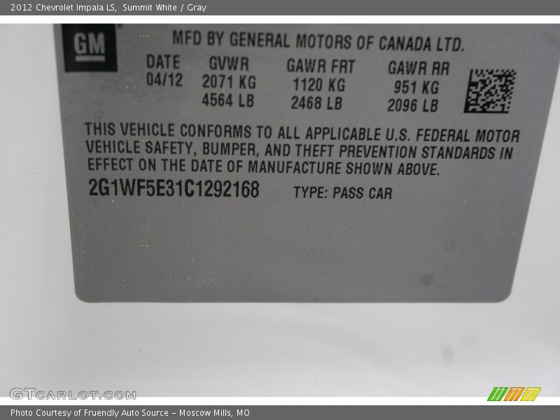 Summit White / Gray 2012 Chevrolet Impala LS