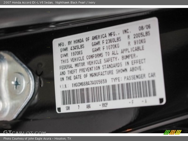Nighthawk Black Pearl / Ivory 2007 Honda Accord EX-L V6 Sedan
