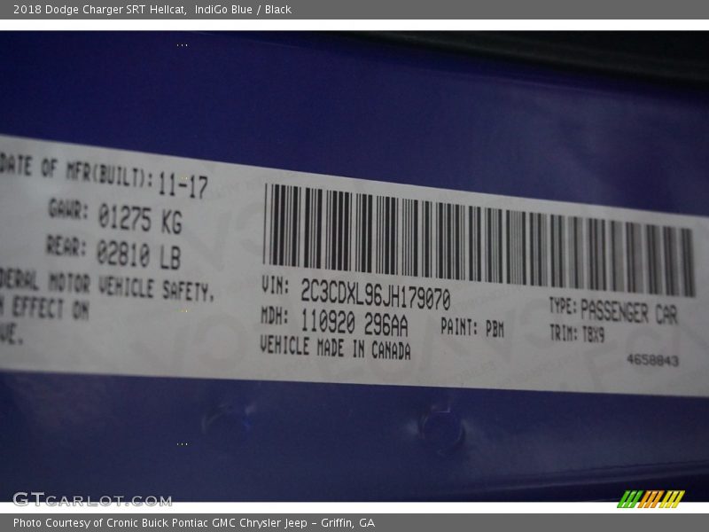 2018 Charger SRT Hellcat IndiGo Blue Color Code PBM