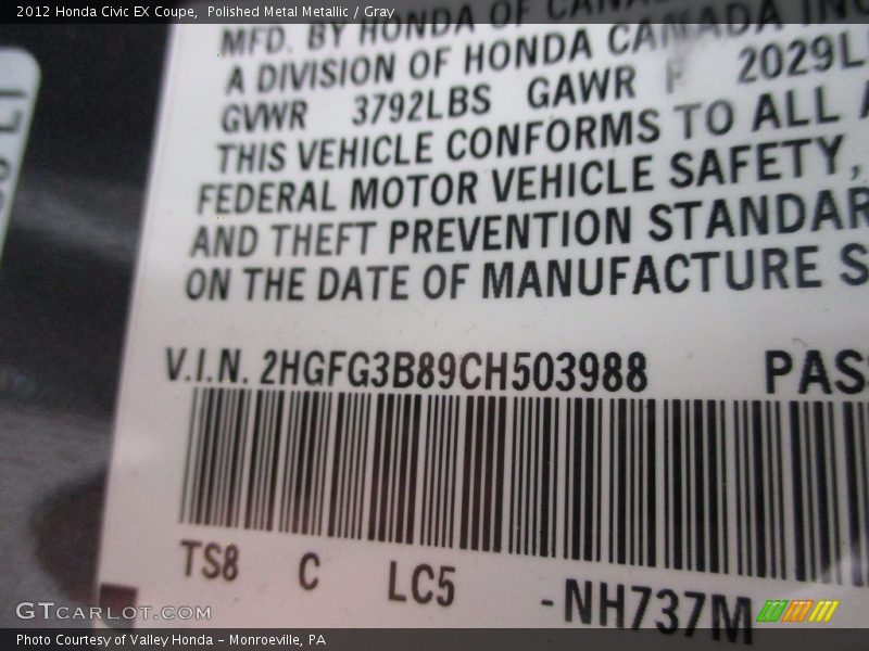 Polished Metal Metallic / Gray 2012 Honda Civic EX Coupe