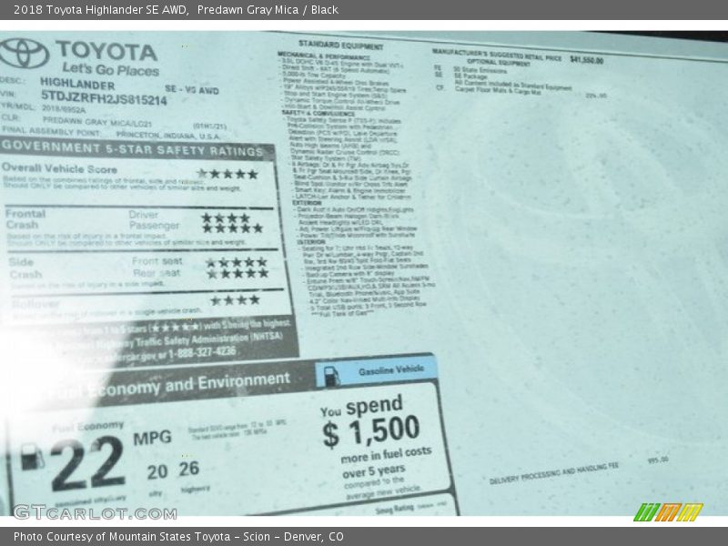 Predawn Gray Mica / Black 2018 Toyota Highlander SE AWD