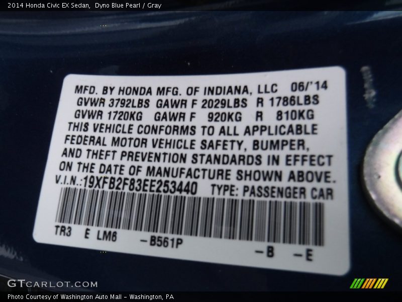 Dyno Blue Pearl / Gray 2014 Honda Civic EX Sedan