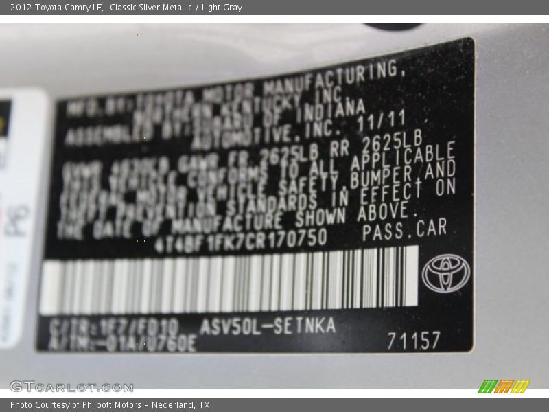 Classic Silver Metallic / Light Gray 2012 Toyota Camry LE