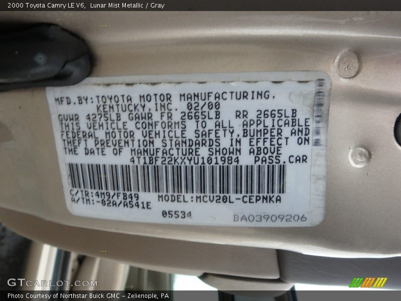 Lunar Mist Metallic / Gray 2000 Toyota Camry LE V6