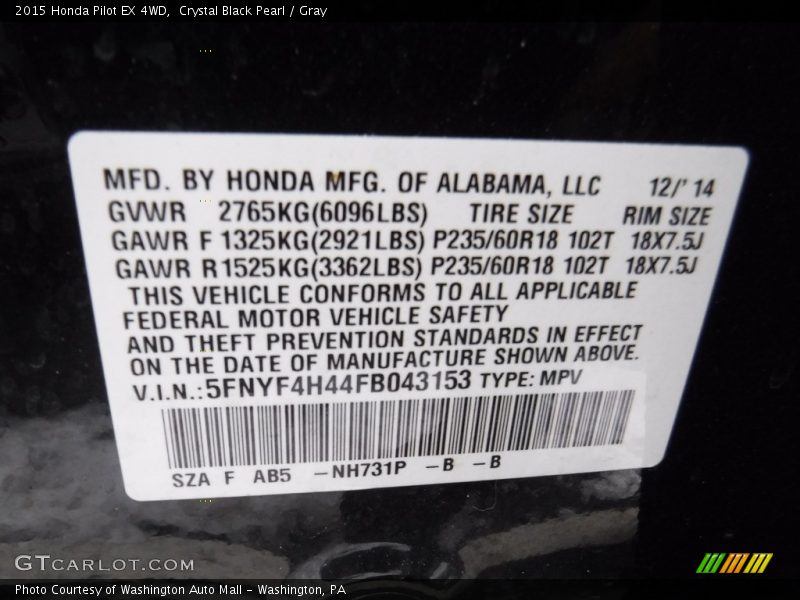 Crystal Black Pearl / Gray 2015 Honda Pilot EX 4WD