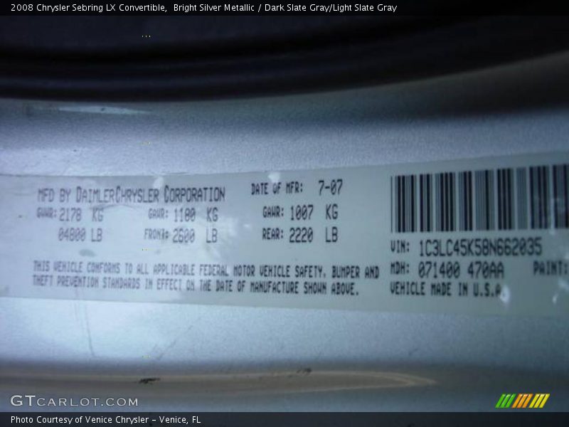 Bright Silver Metallic / Dark Slate Gray/Light Slate Gray 2008 Chrysler Sebring LX Convertible