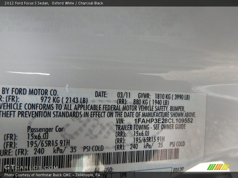 Oxford White / Charcoal Black 2012 Ford Focus S Sedan