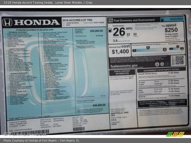  2018 Accord Touring Sedan Window Sticker