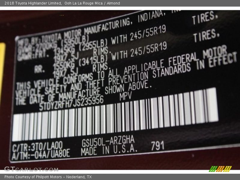 Ooh La La Rouge Mica / Almond 2018 Toyota Highlander Limited