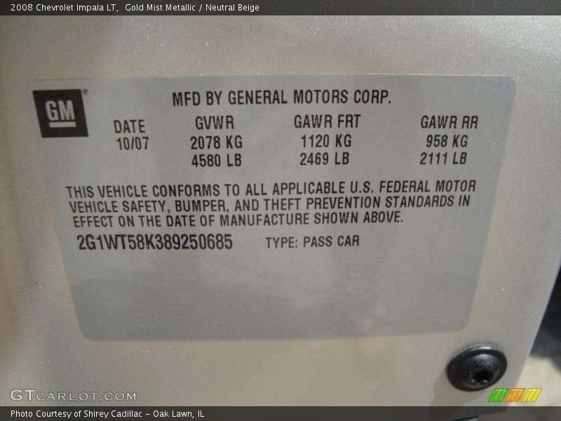 Gold Mist Metallic / Neutral Beige 2008 Chevrolet Impala LT