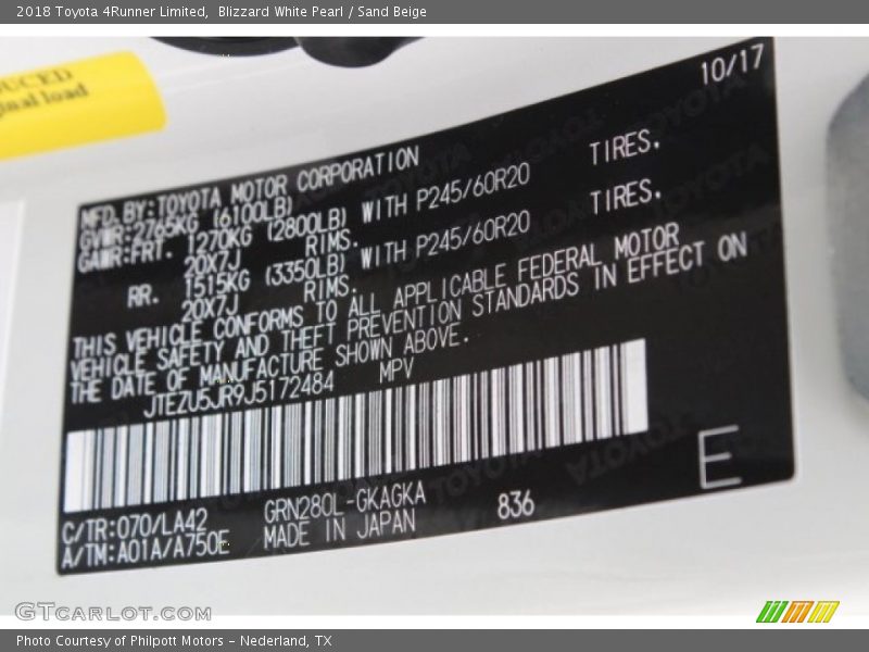 Blizzard White Pearl / Sand Beige 2018 Toyota 4Runner Limited