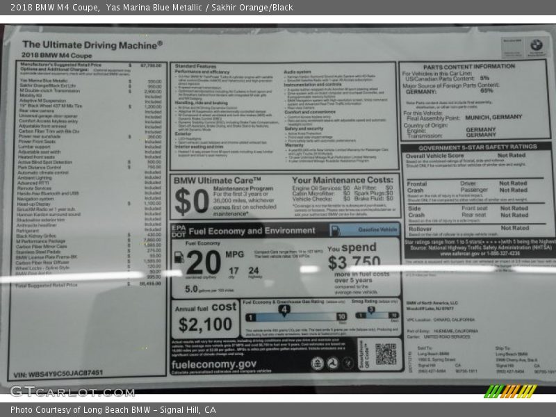 Yas Marina Blue Metallic / Sakhir Orange/Black 2018 BMW M4 Coupe