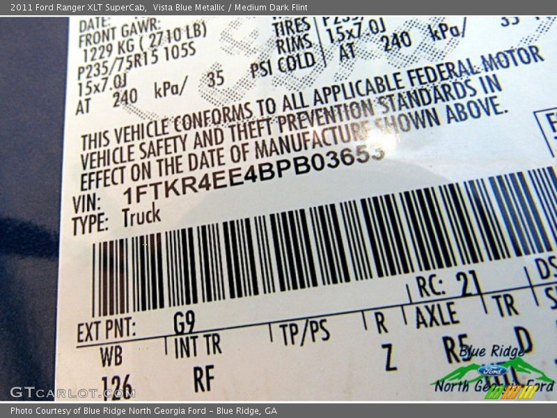 Vista Blue Metallic / Medium Dark Flint 2011 Ford Ranger XLT SuperCab