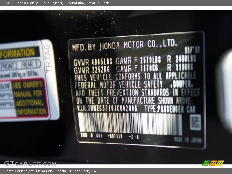 Crystal Black Pearl / Black 2018 Honda Clarity Plug In Hybrid