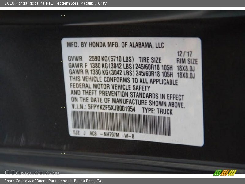 Modern Steel Metallic / Gray 2018 Honda Ridgeline RTL