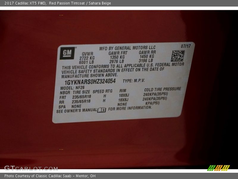 Red Passion Tintcoat / Sahara Beige 2017 Cadillac XT5 FWD