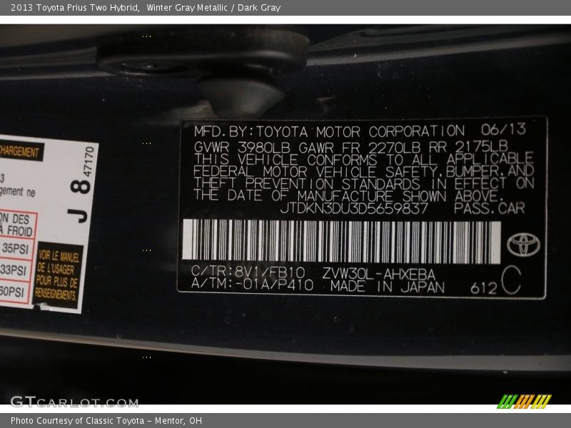 Winter Gray Metallic / Dark Gray 2013 Toyota Prius Two Hybrid