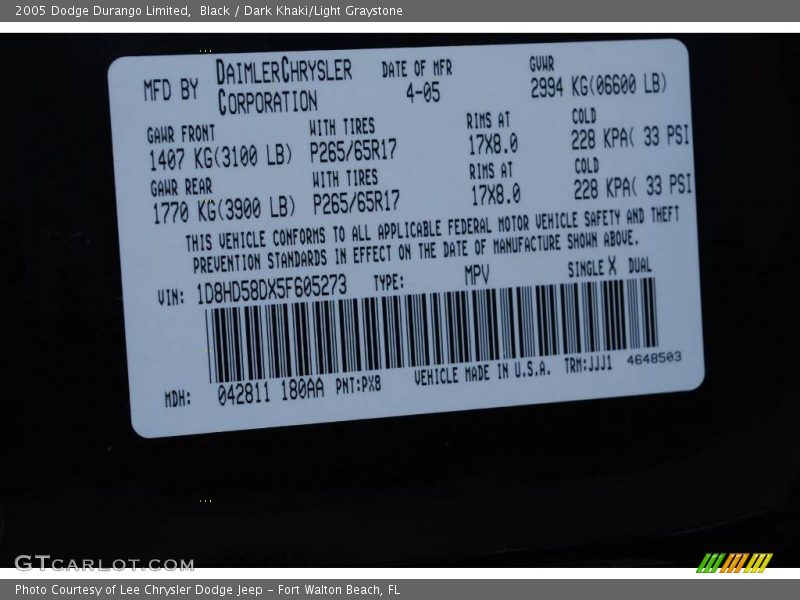 Black / Dark Khaki/Light Graystone 2005 Dodge Durango Limited