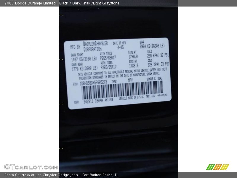 Black / Dark Khaki/Light Graystone 2005 Dodge Durango Limited