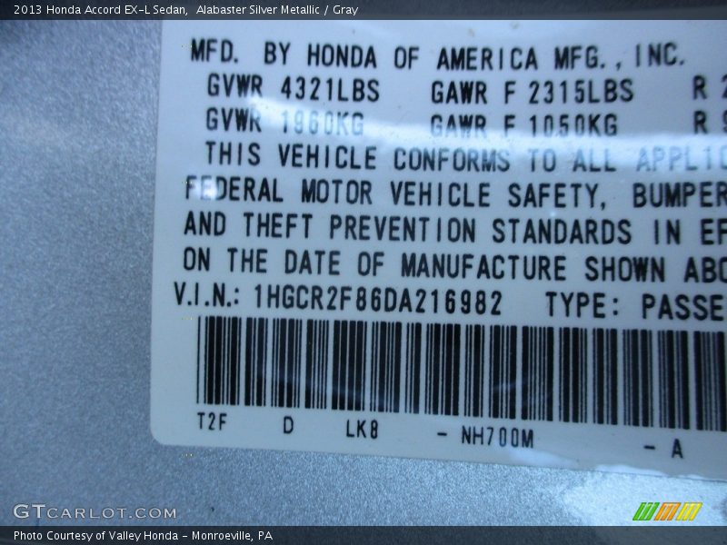 Alabaster Silver Metallic / Gray 2013 Honda Accord EX-L Sedan