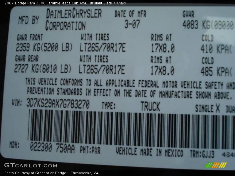 2007 Ram 2500 Laramie Mega Cab 4x4 Brilliant Black Color Code PXR