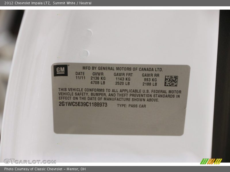 Summit White / Neutral 2012 Chevrolet Impala LTZ