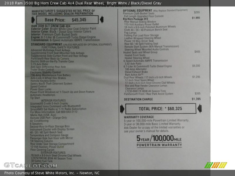 Bright White / Black/Diesel Gray 2018 Ram 3500 Big Horn Crew Cab 4x4 Dual Rear Wheel