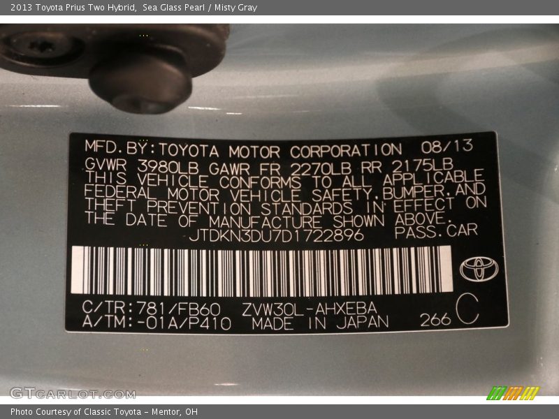 Sea Glass Pearl / Misty Gray 2013 Toyota Prius Two Hybrid