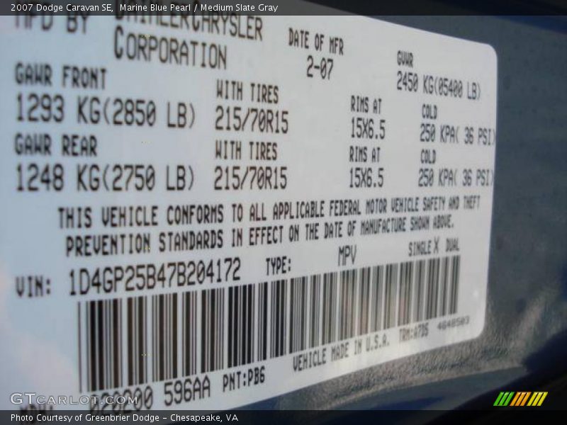 Marine Blue Pearl / Medium Slate Gray 2007 Dodge Caravan SE