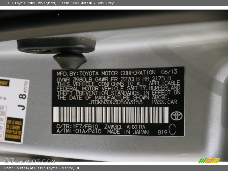 Classic Silver Metallic / Dark Gray 2013 Toyota Prius Two Hybrid